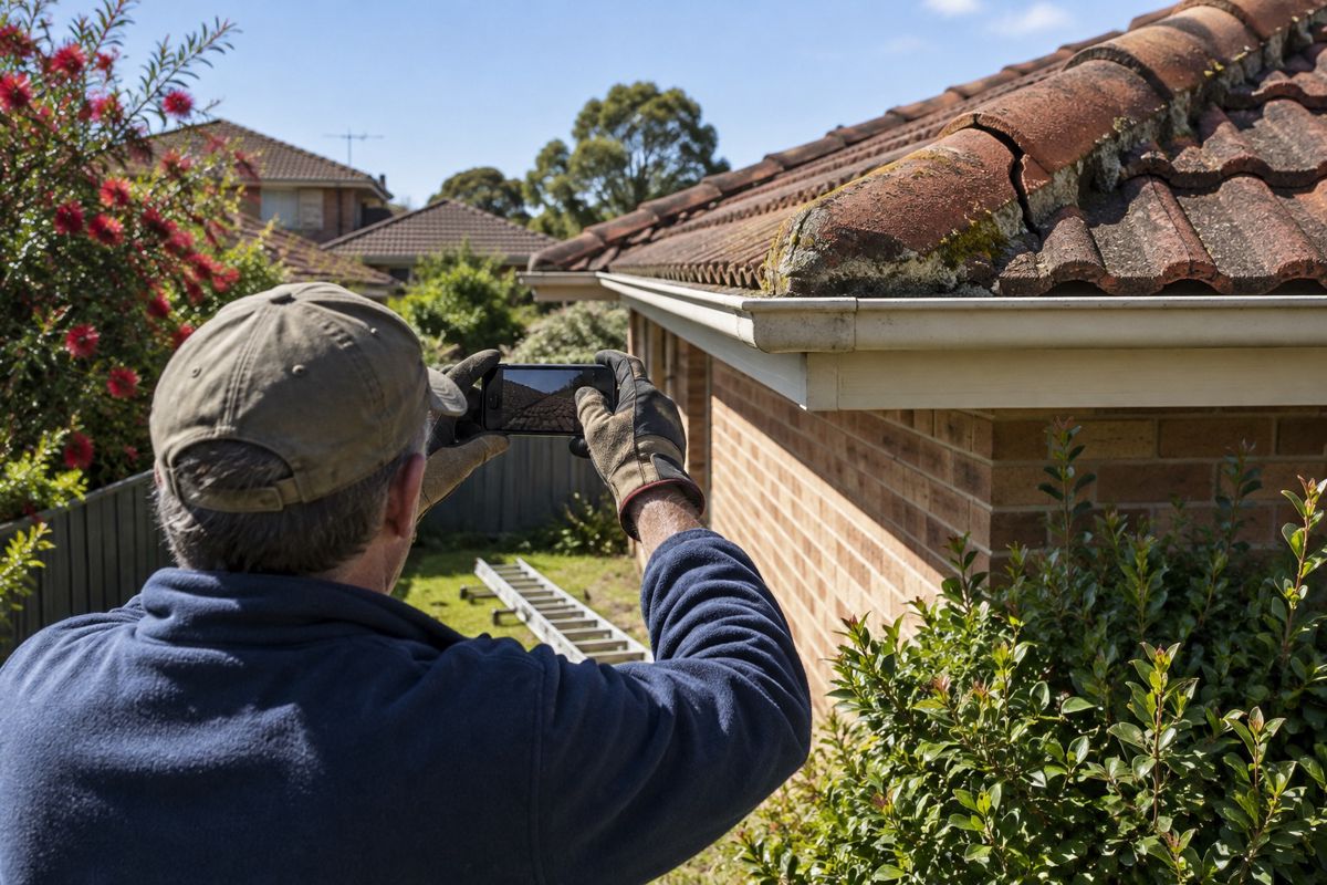 Homeowner photographing roof tiles and ridge capping from the garden