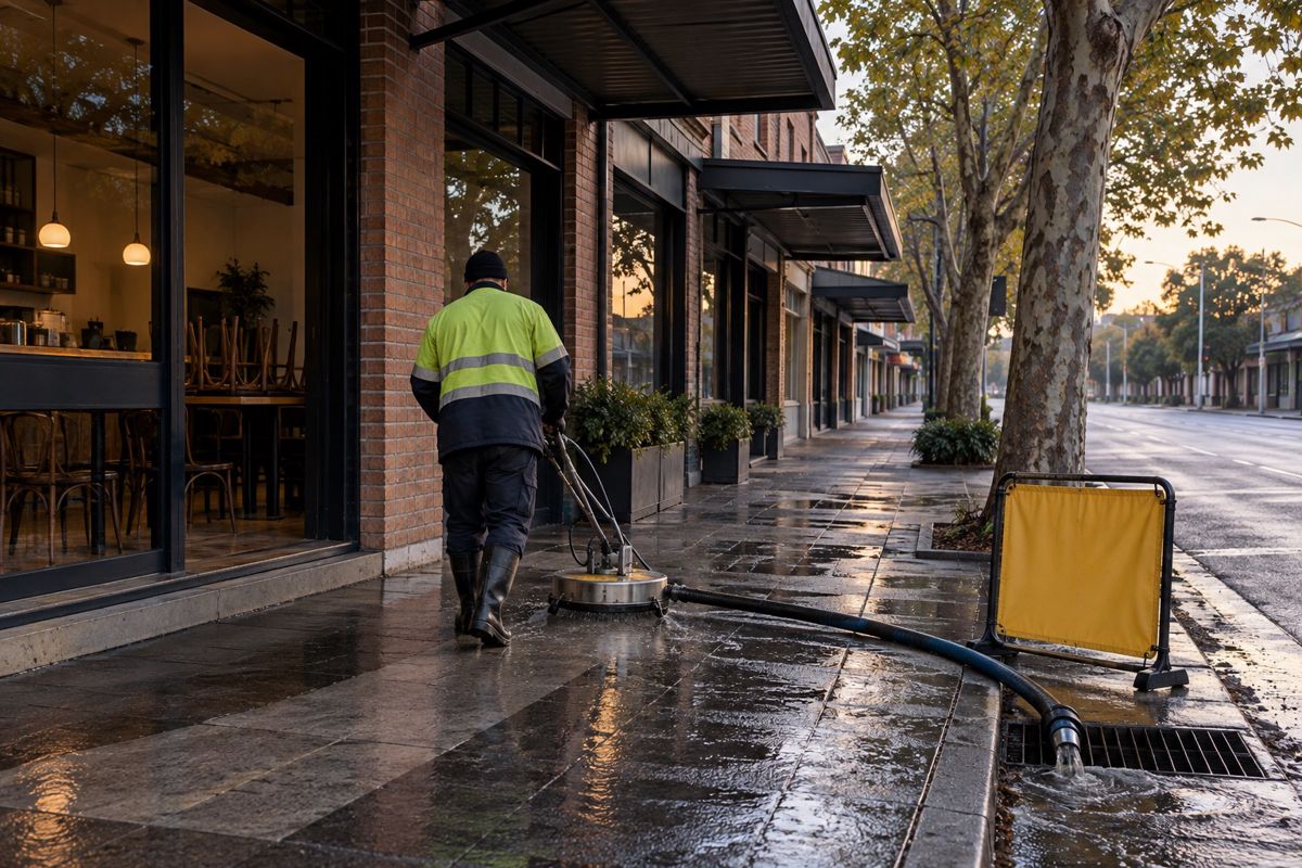 Worker cleaning a shopfront footpath on a quiet Sydney street