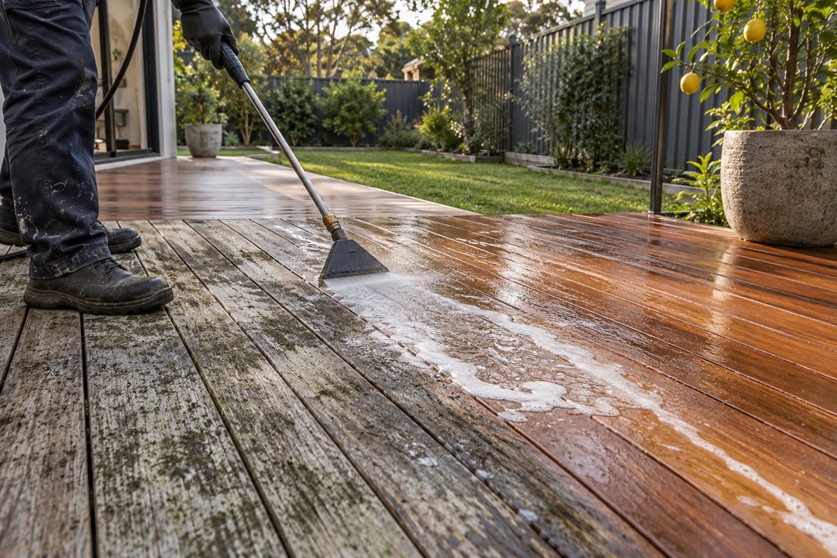 Weathered timber deck partly cleaned back to warm brown