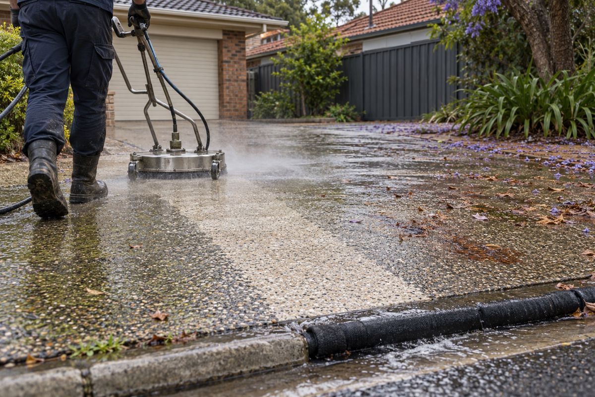 Surface cleaner removing algae and leaf stains from a concrete driveway