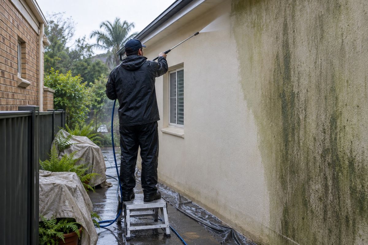 Soft washing a mould-streaked rendered wall on a Sydney house