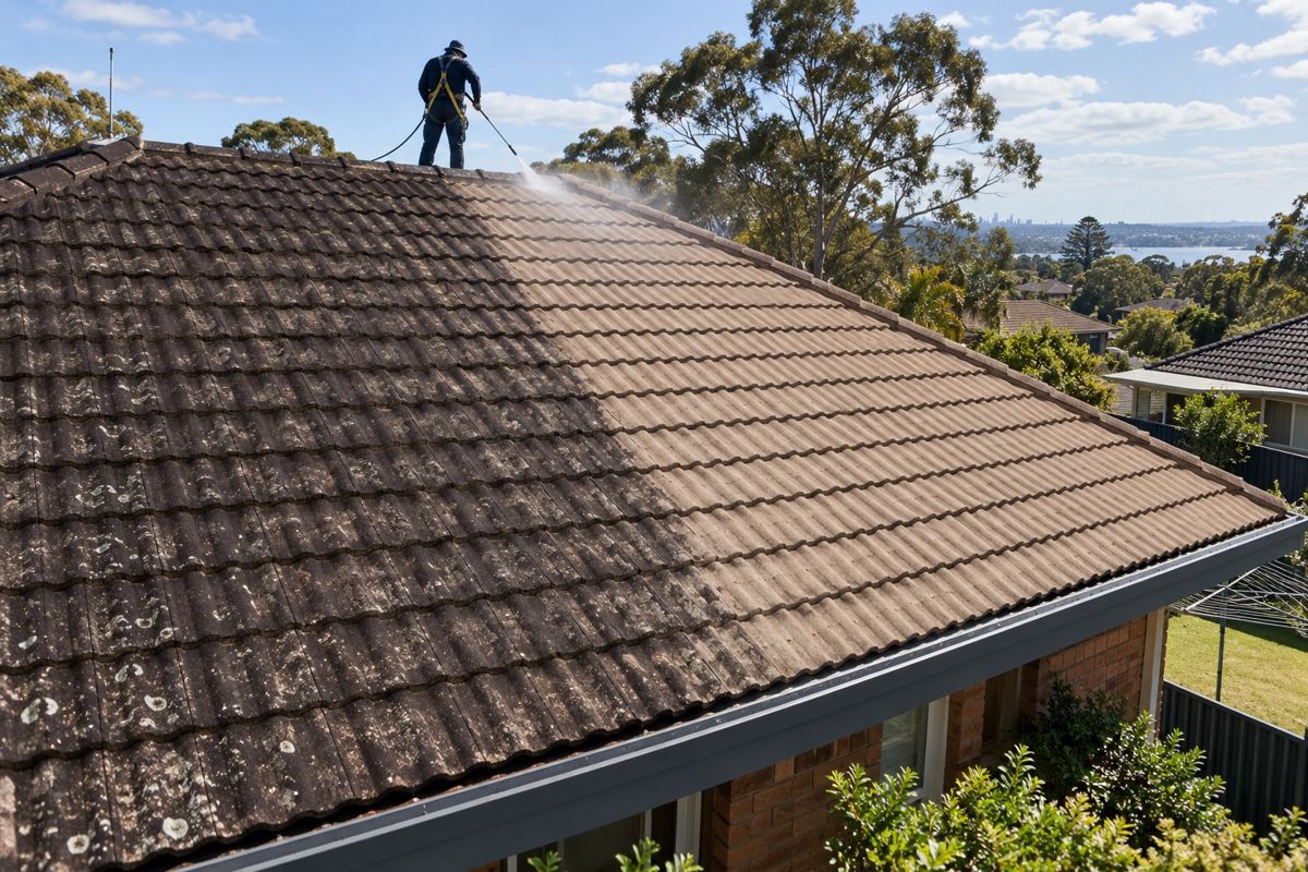 Concrete tile roof half cleaned of black algae streaks